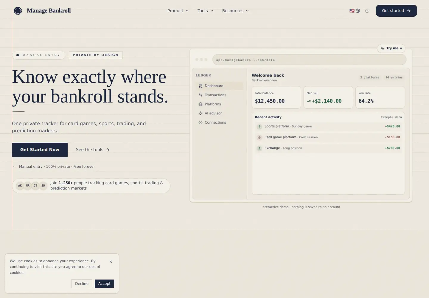 Captured homepage of managebankroll.com in the current scan