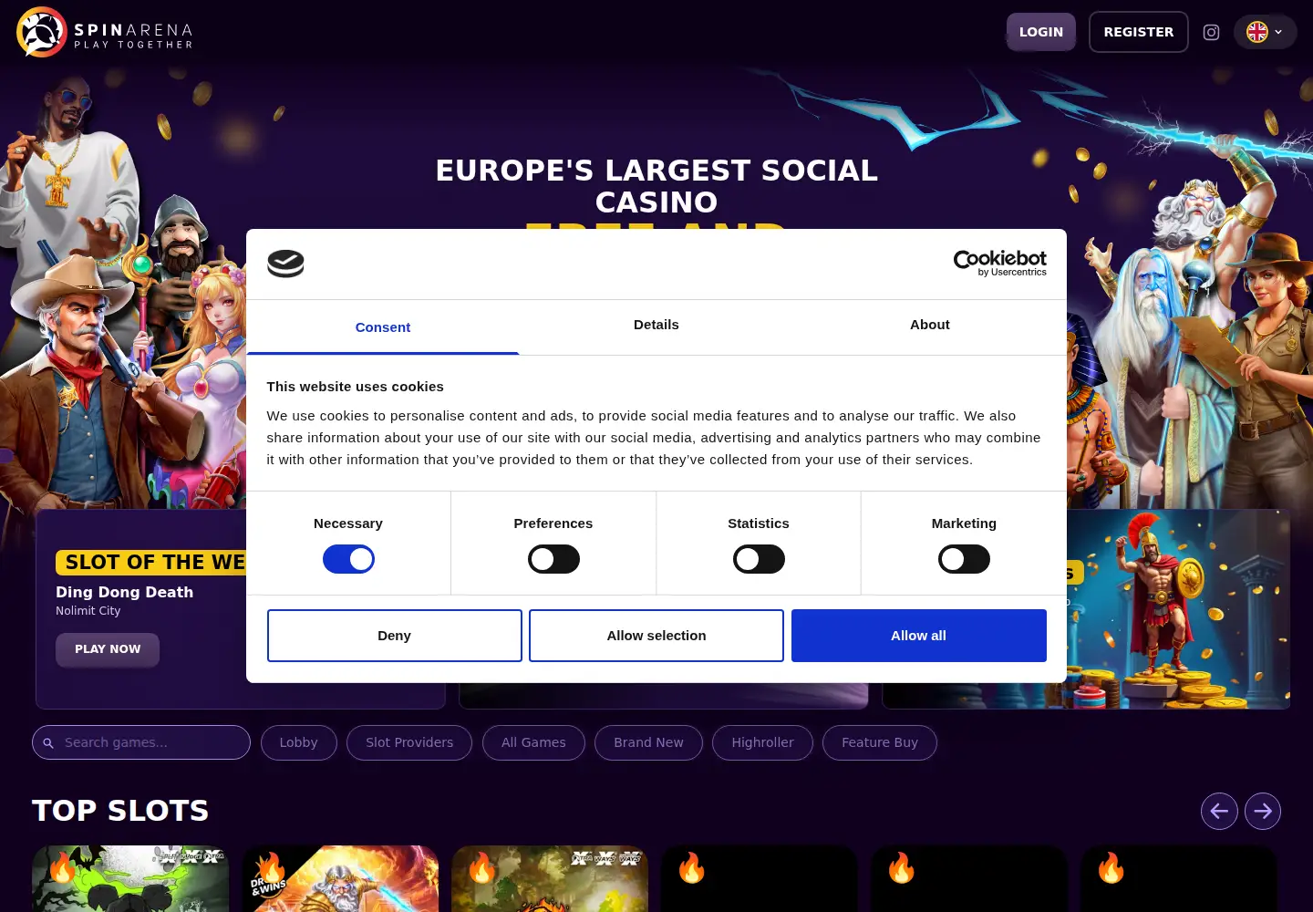 Captured homepage of spinarena.net in the current scan