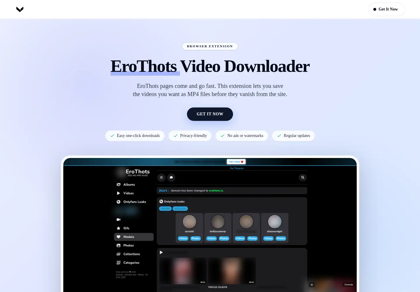 Captured homepage of erothotsvideodownloader.com in the current scan