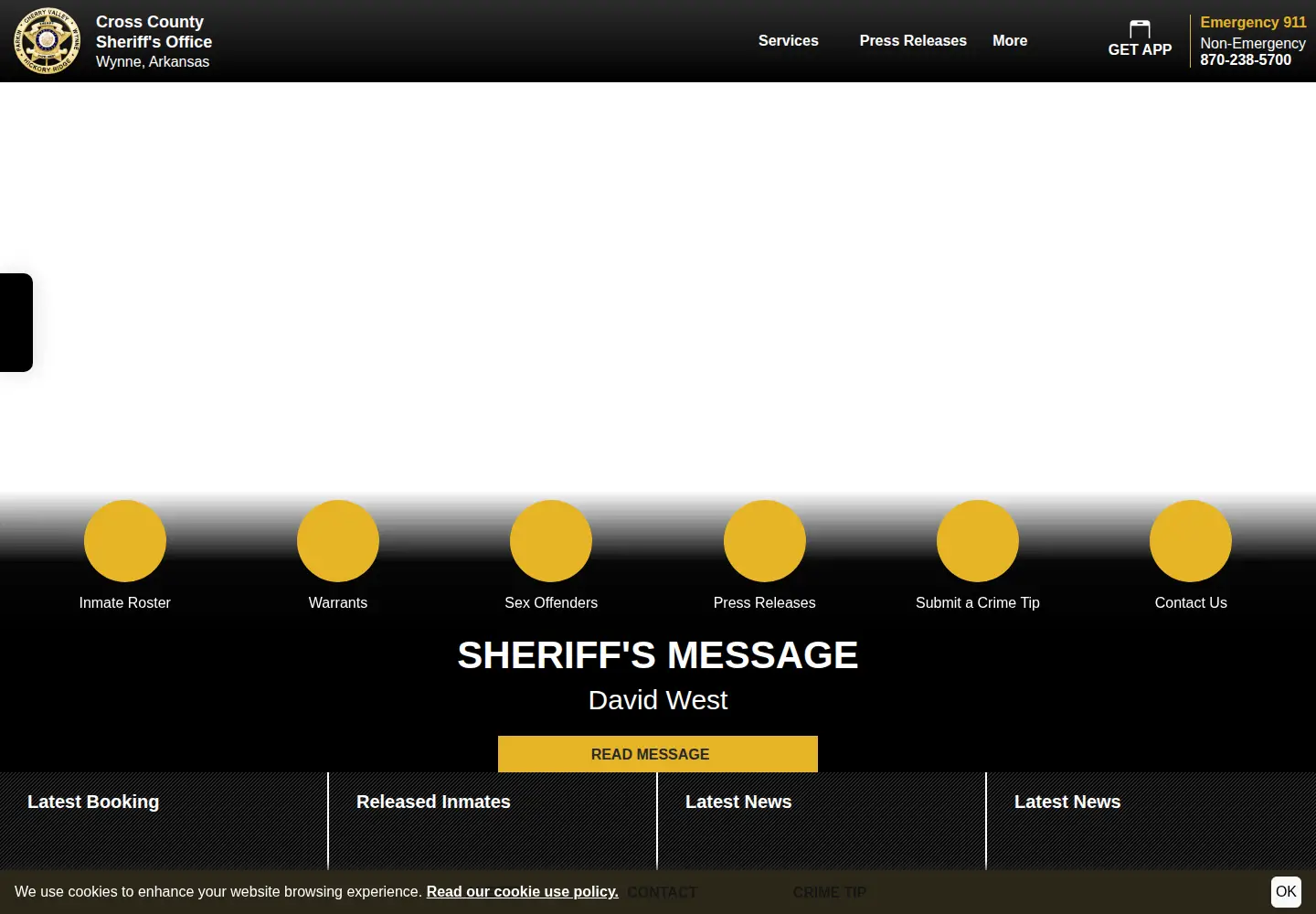 Captured homepage of crosscountysheriff.org in the current scan
