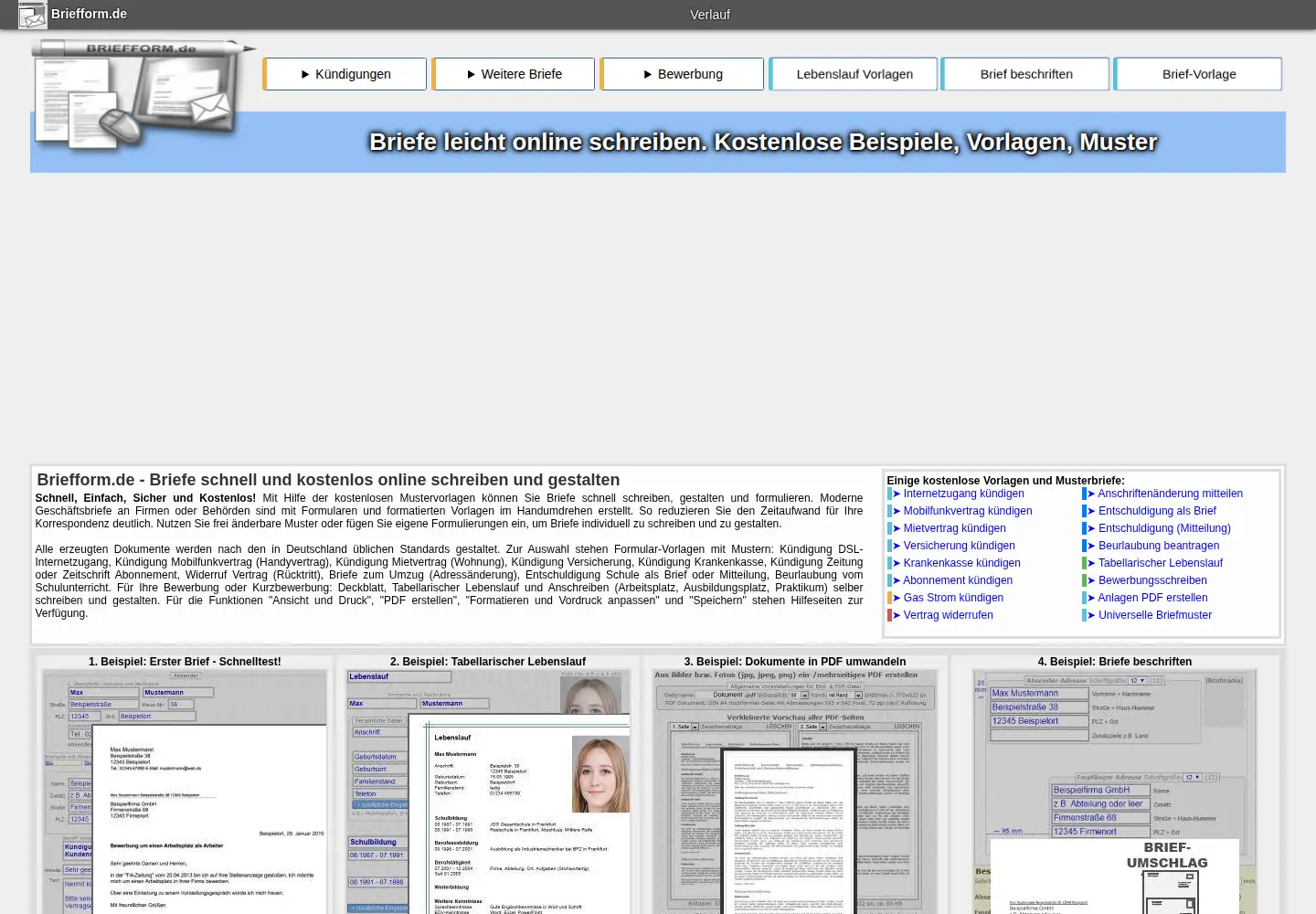 Captured homepage of briefform.de in the current scan
