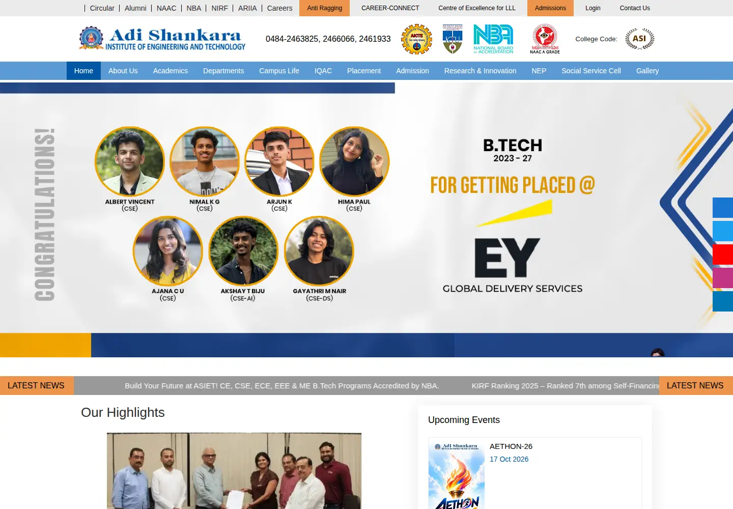 Captured homepage of adishankara.ac.in in the current scan