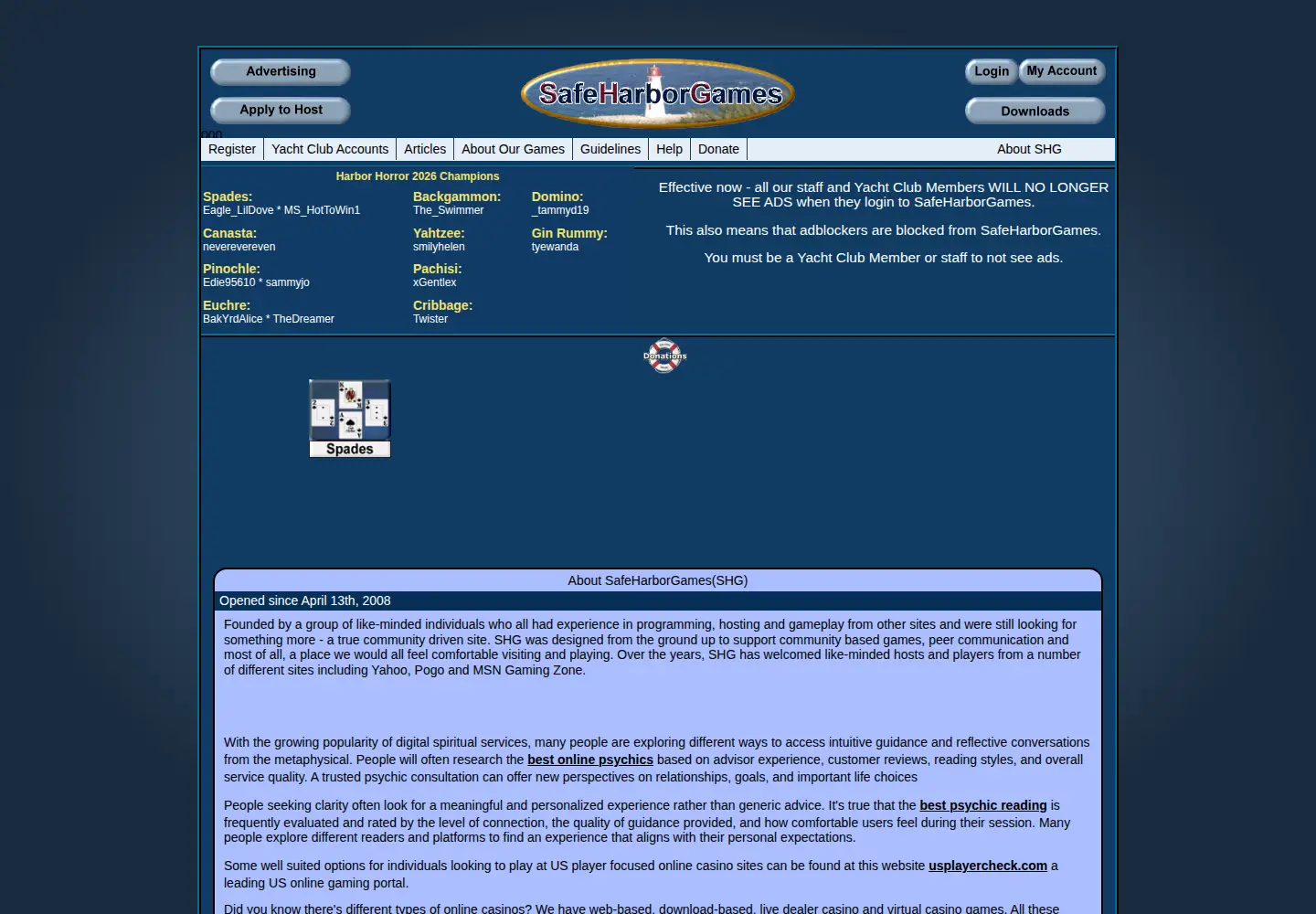Captured homepage of safeharborgames.net in the current scan