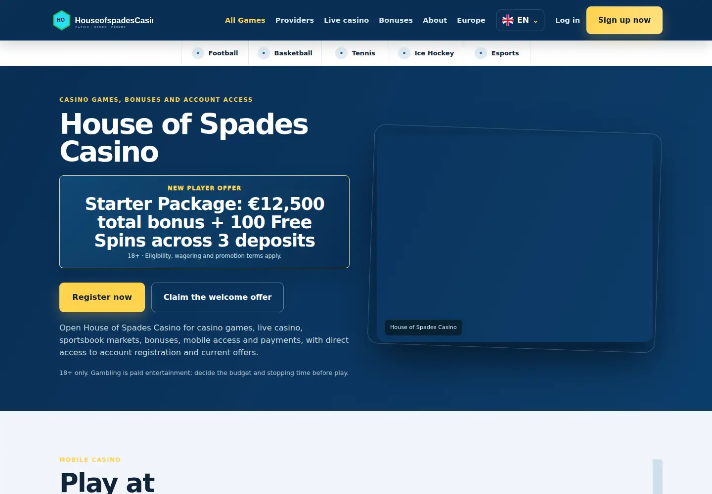 Screenshot of houseofspadescasino.eu