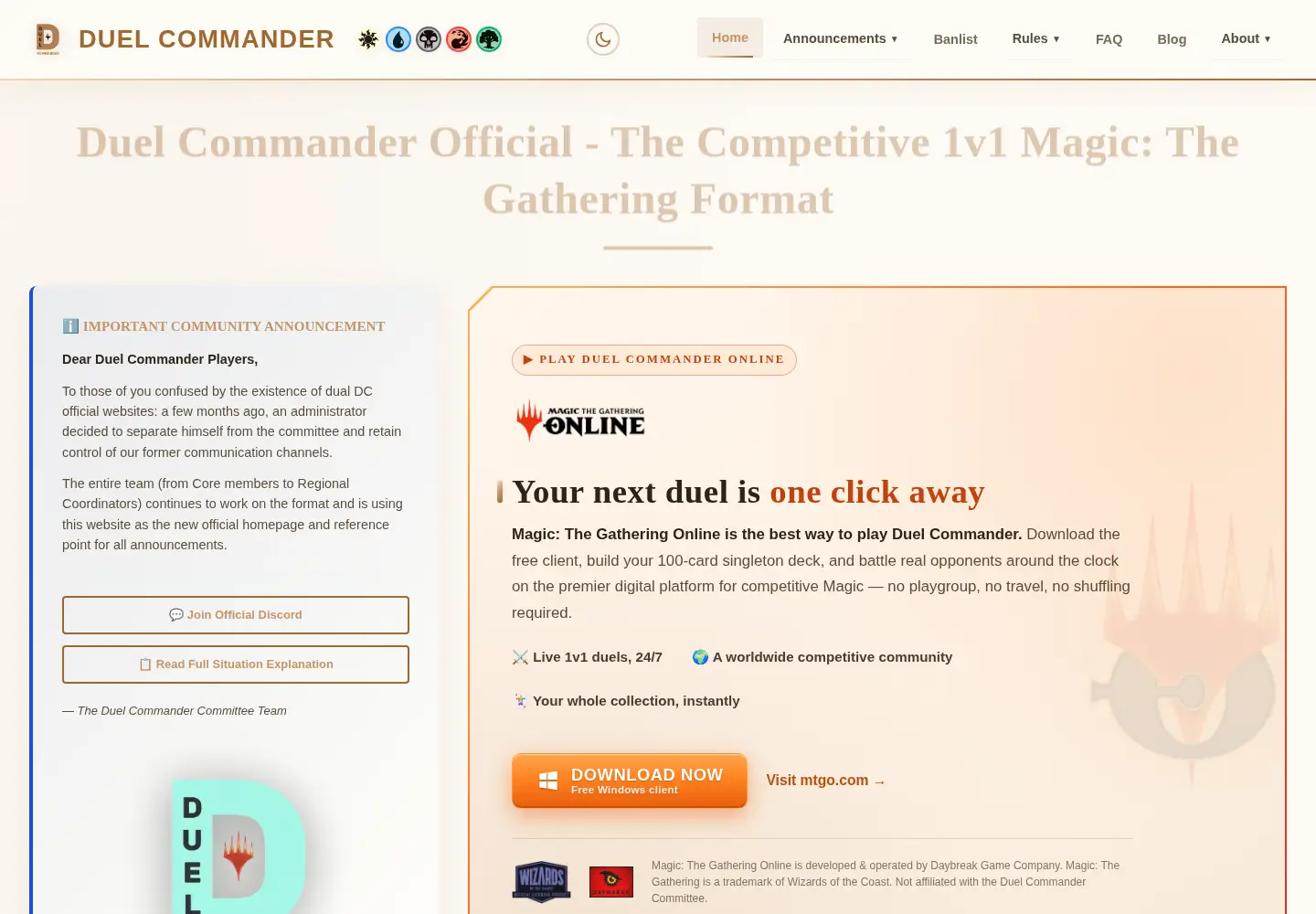 Captured homepage of duelcommander.org in the current scan