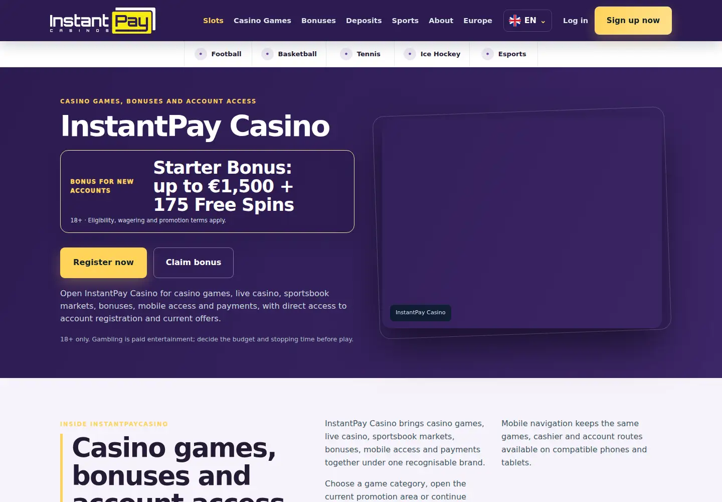 Screenshot of instantpaycasino.eu