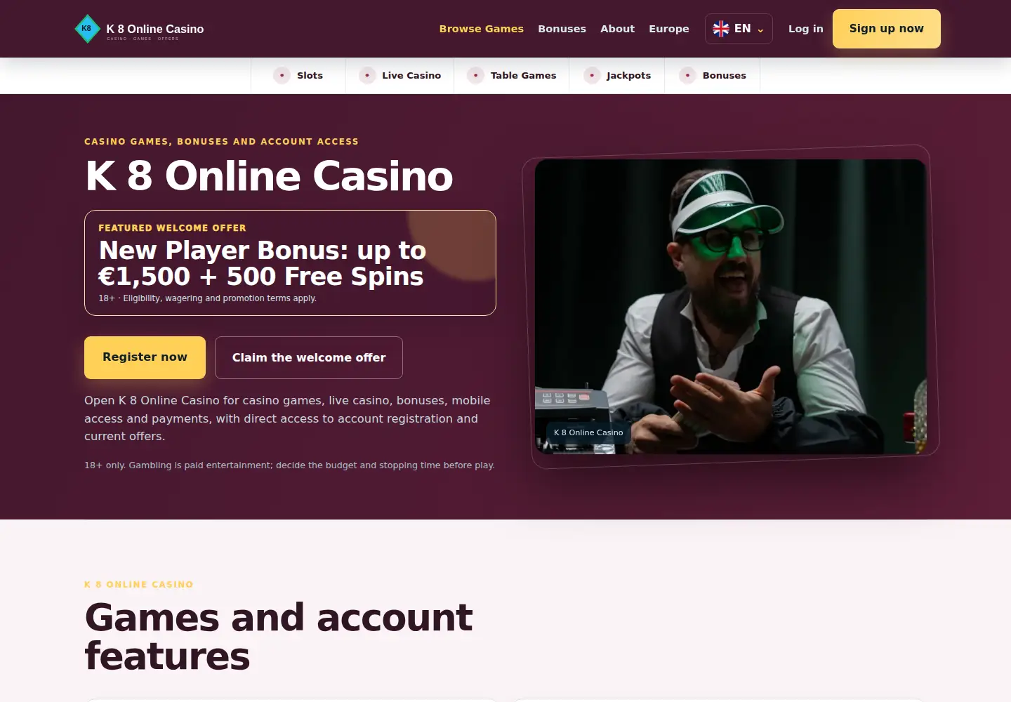 Screenshot of k8onlinecasino.eu
