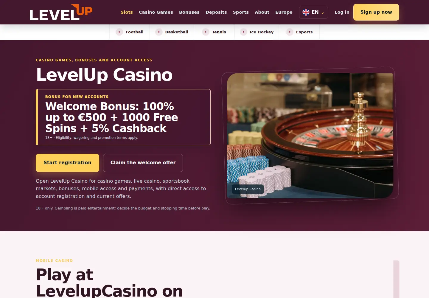 Screenshot of levelupcasino.eu