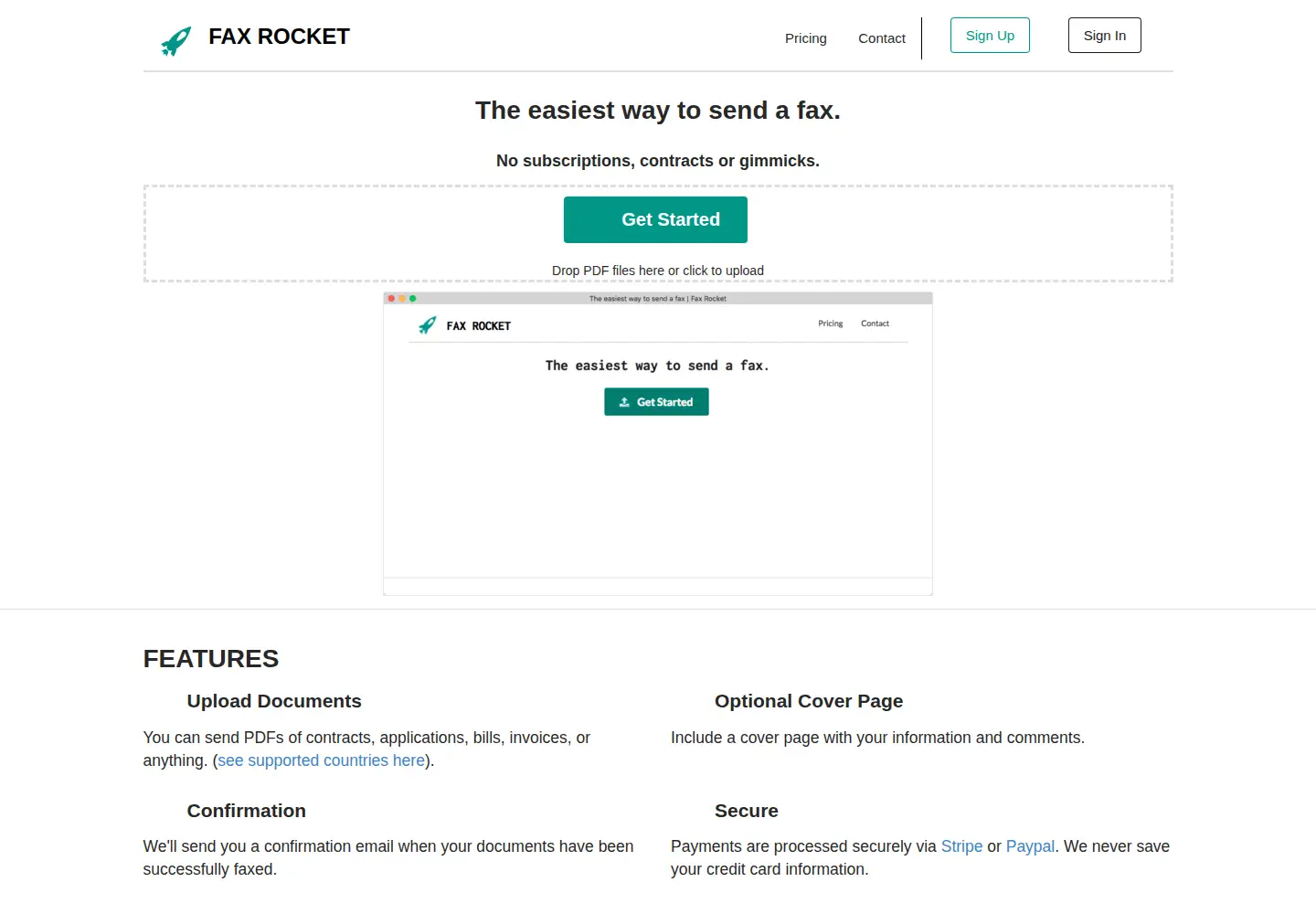 Captured homepage of faxrocket.com in the current scan
