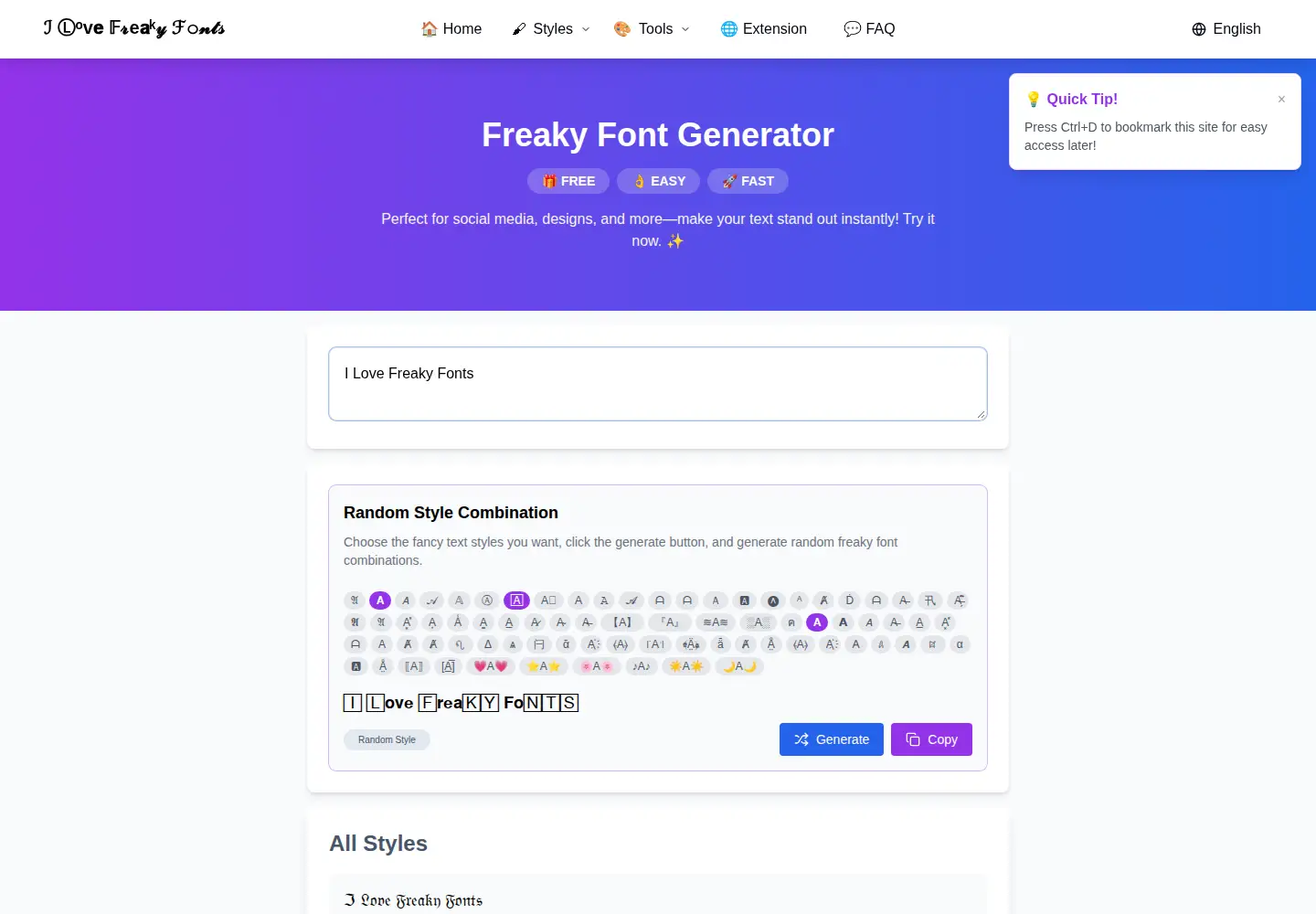 Screenshot of freaky-fonts.com