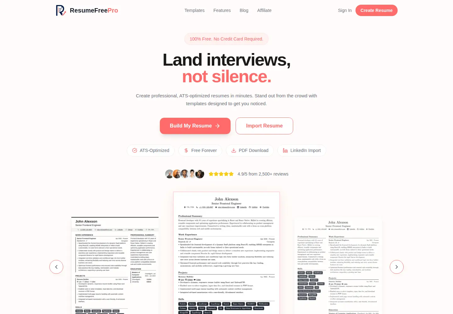Screenshot of resumefreepro.com