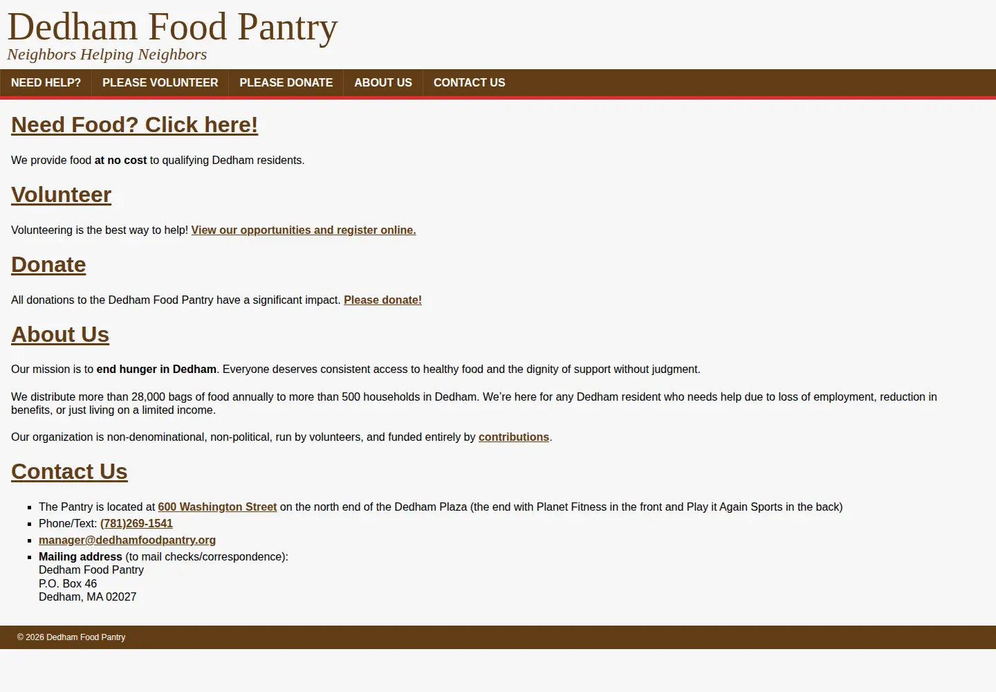 Captured homepage of dedhamfoodpantry.org in the current scan