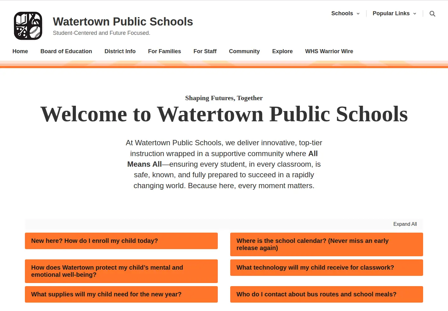 Captured homepage of watertownps.org in the current scan