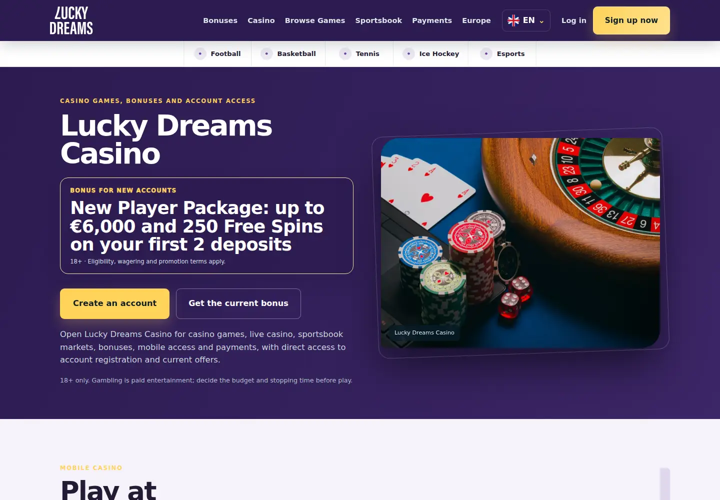Screenshot of luckydreamscasino.eu