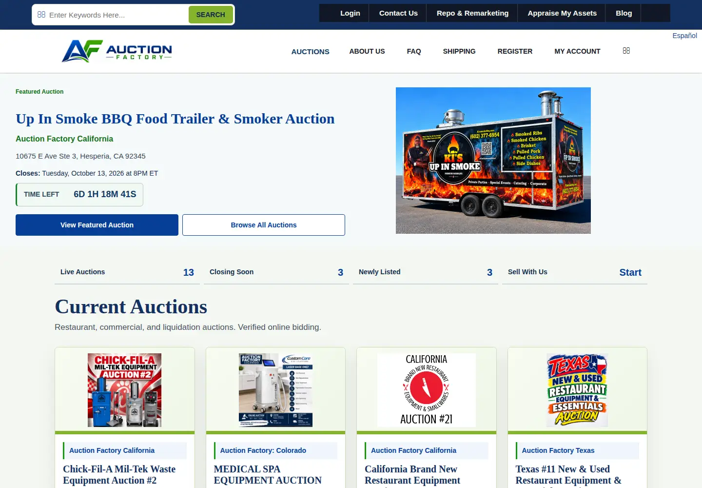 Captured homepage of auctionfactory.com in the current scan