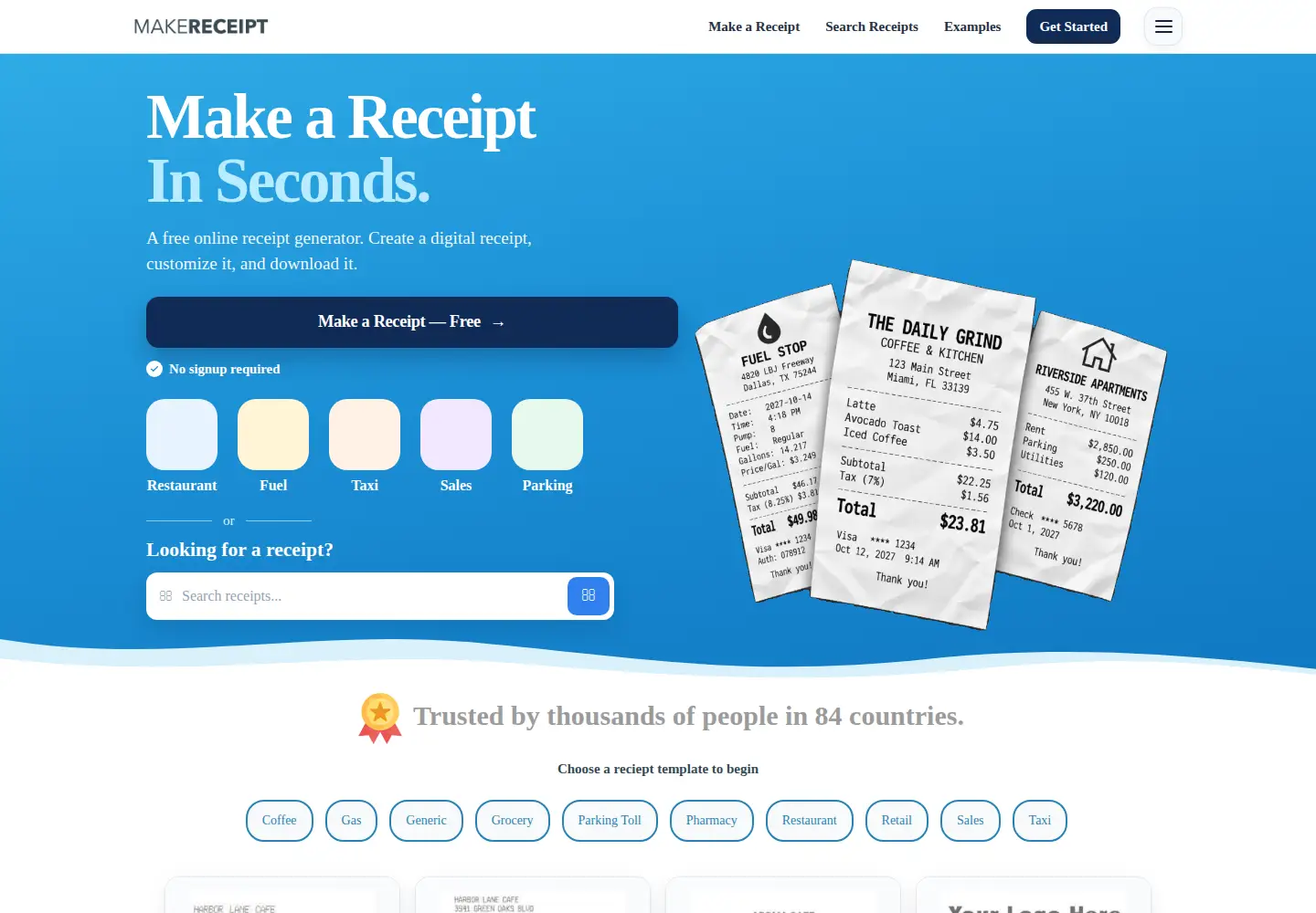 Screenshot of makereceipt.com