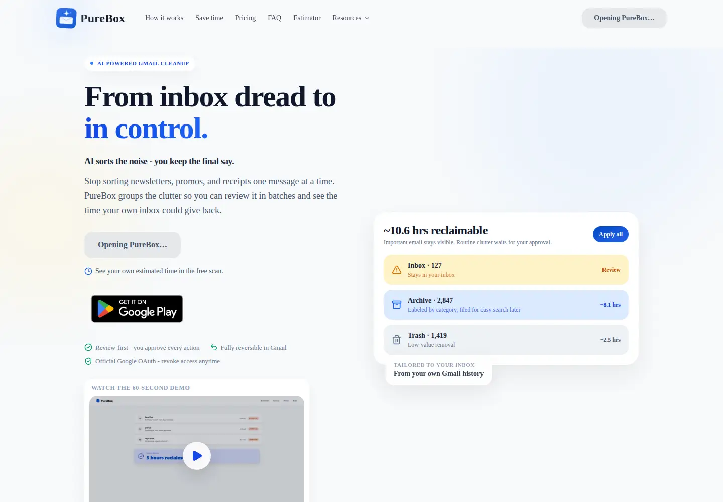 Captured homepage of purebox.ai in the current scan