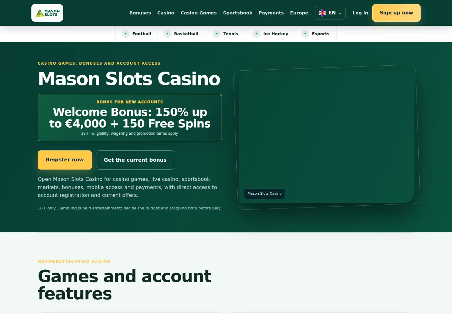 Screenshot of masonslotscasino.eu