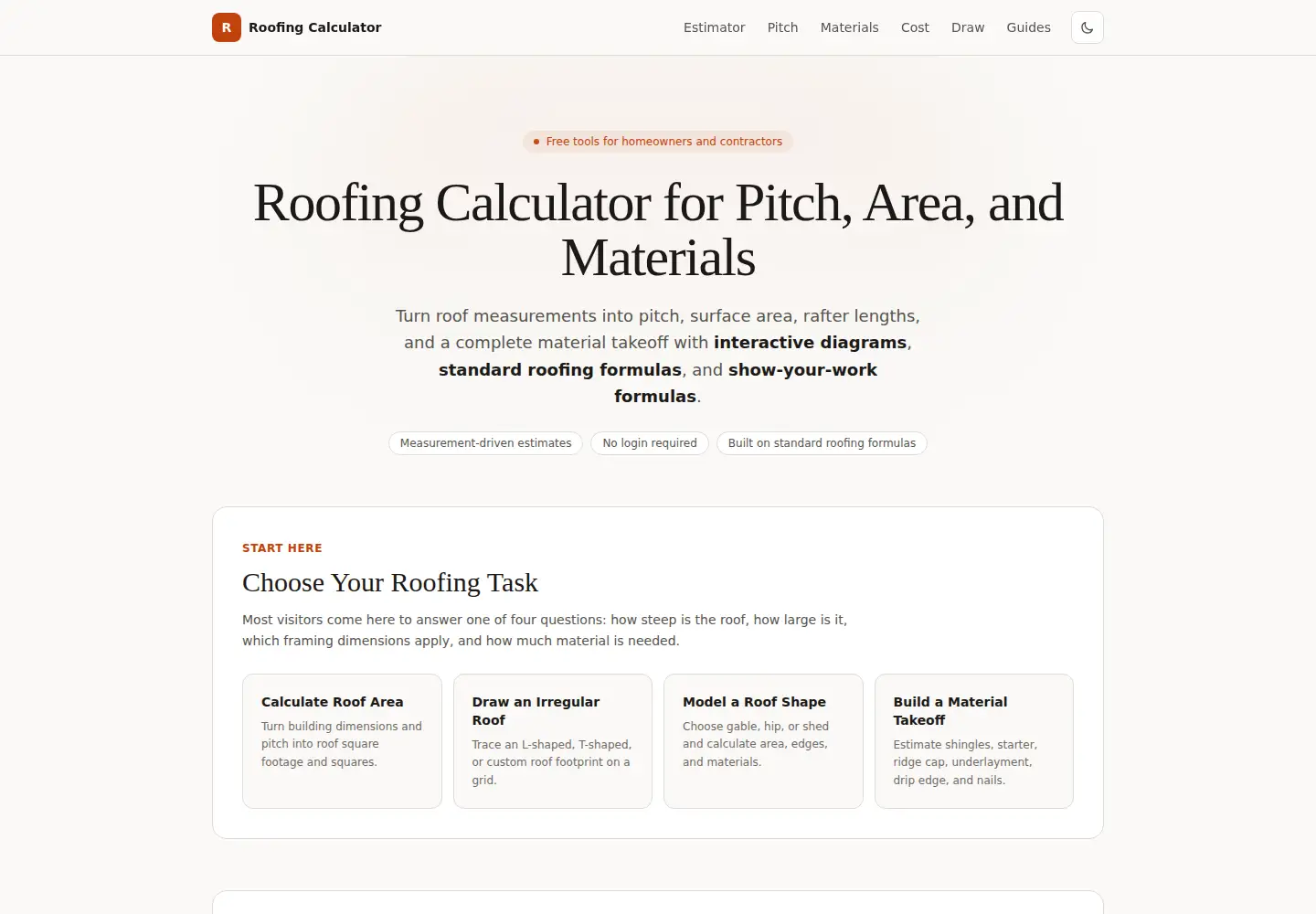 Screenshot of roofing-calculator.io