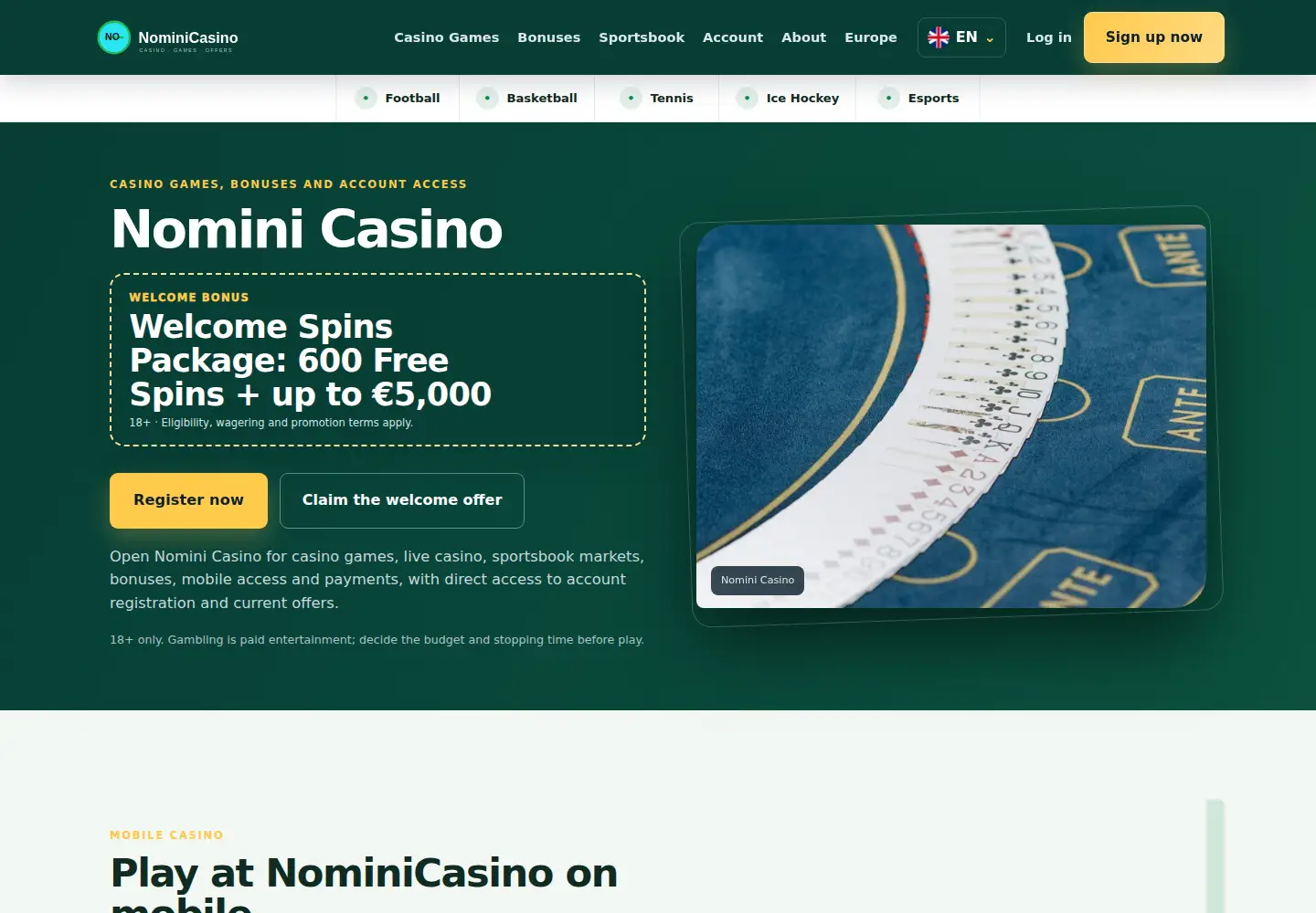 Screenshot of nominicasino.eu