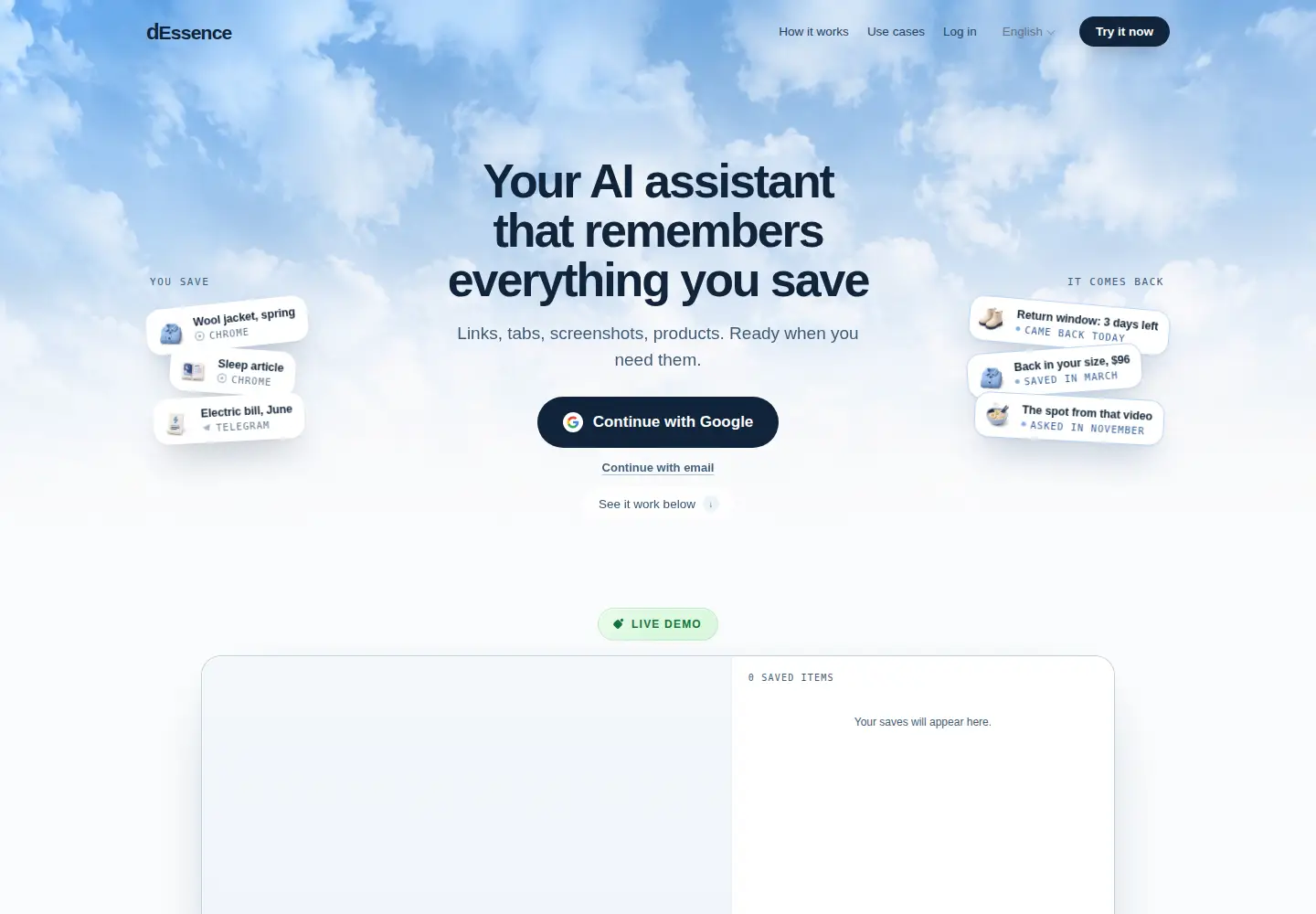 Captured homepage of dessence.ai in the current scan