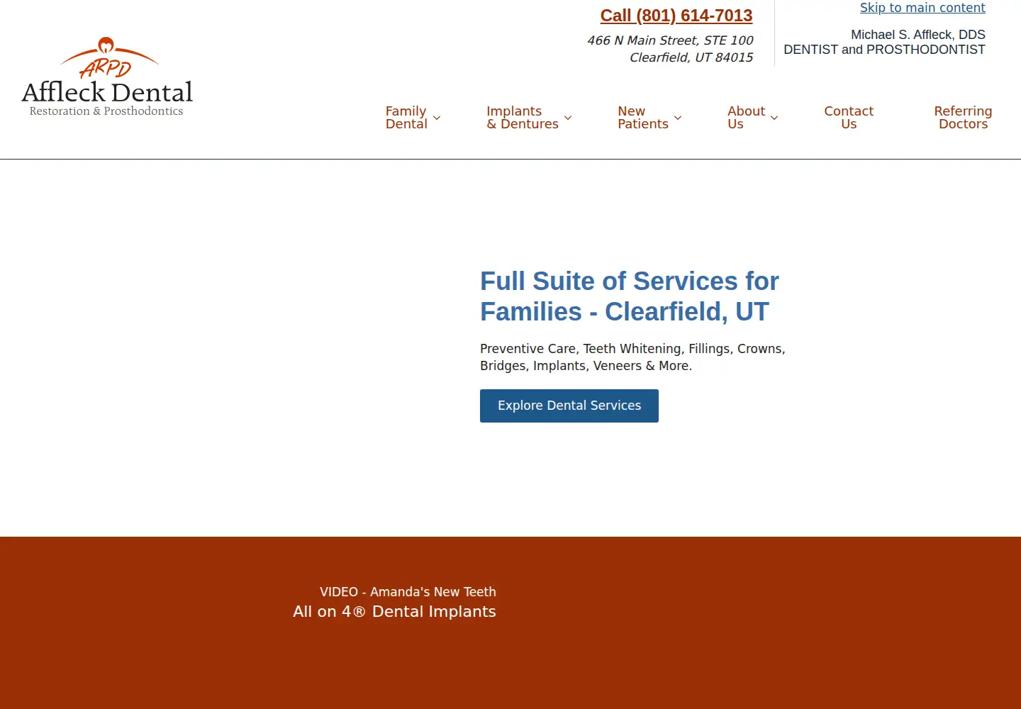 Captured homepage of affleckdental.com in the current scan