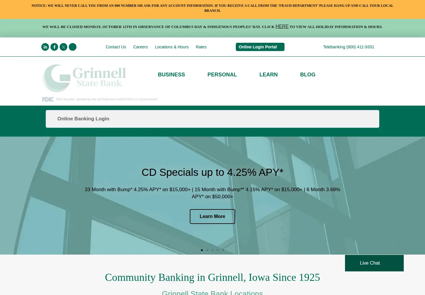 Captured homepage of grinnellbank.com in the current scan
