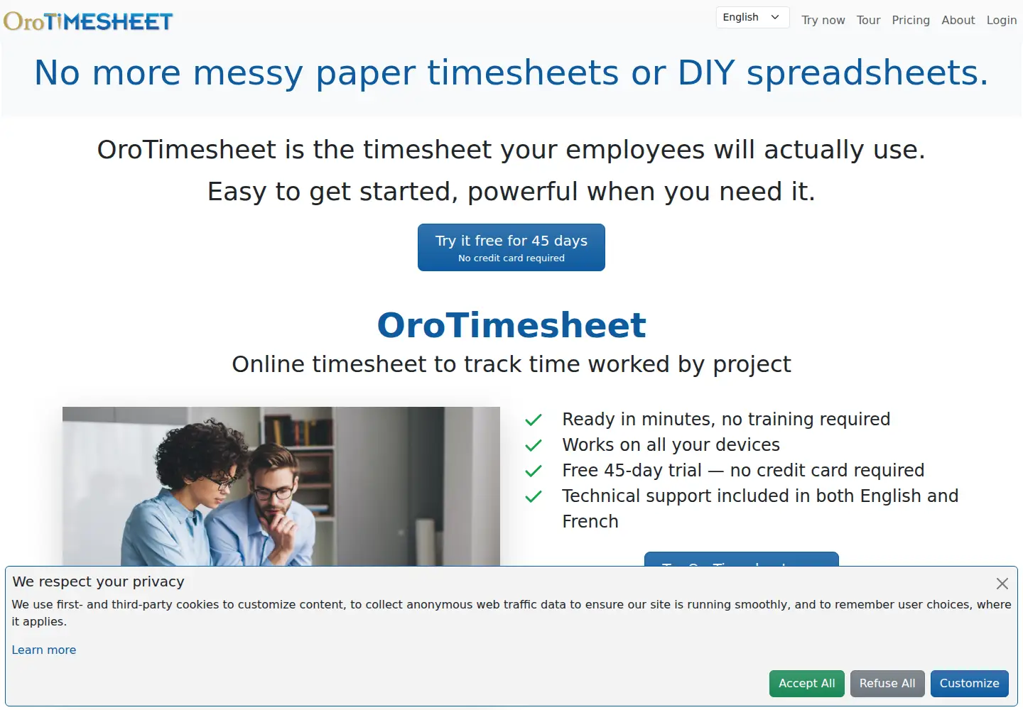 Captured homepage of orotimesheet.com in the current scan