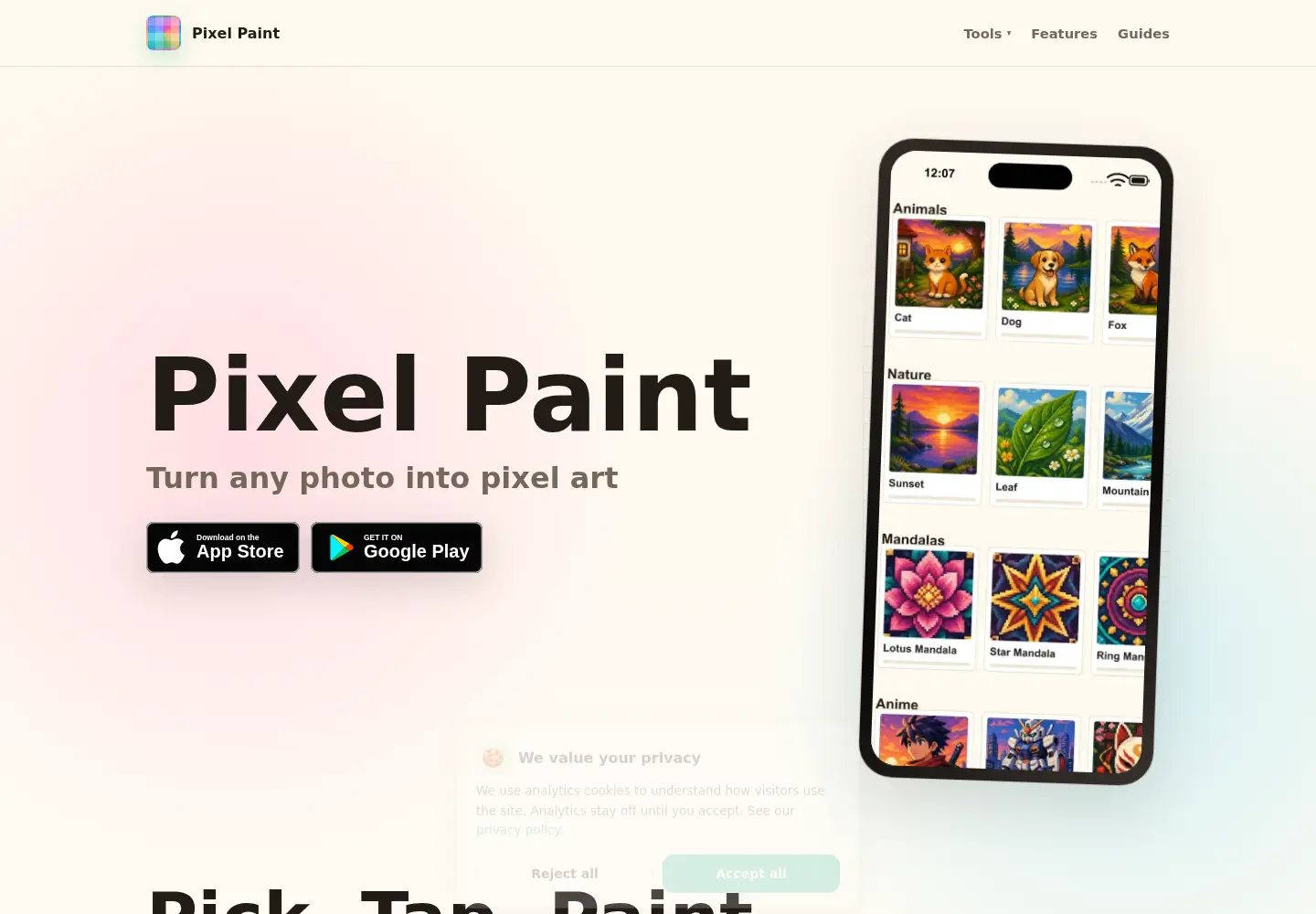 Captured homepage of pixelpaintapp.com in the current scan