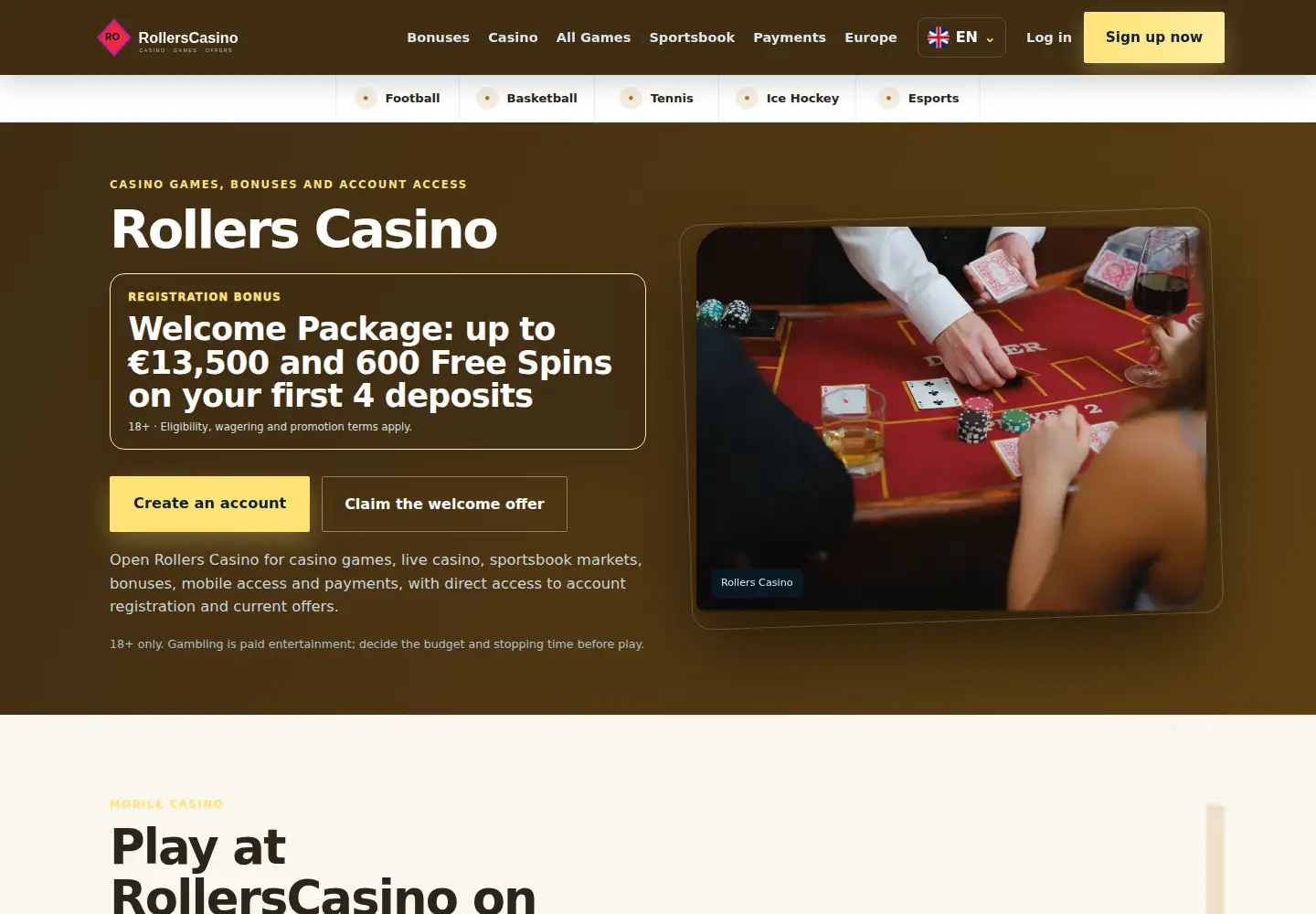 Screenshot of rollerscasino.eu
