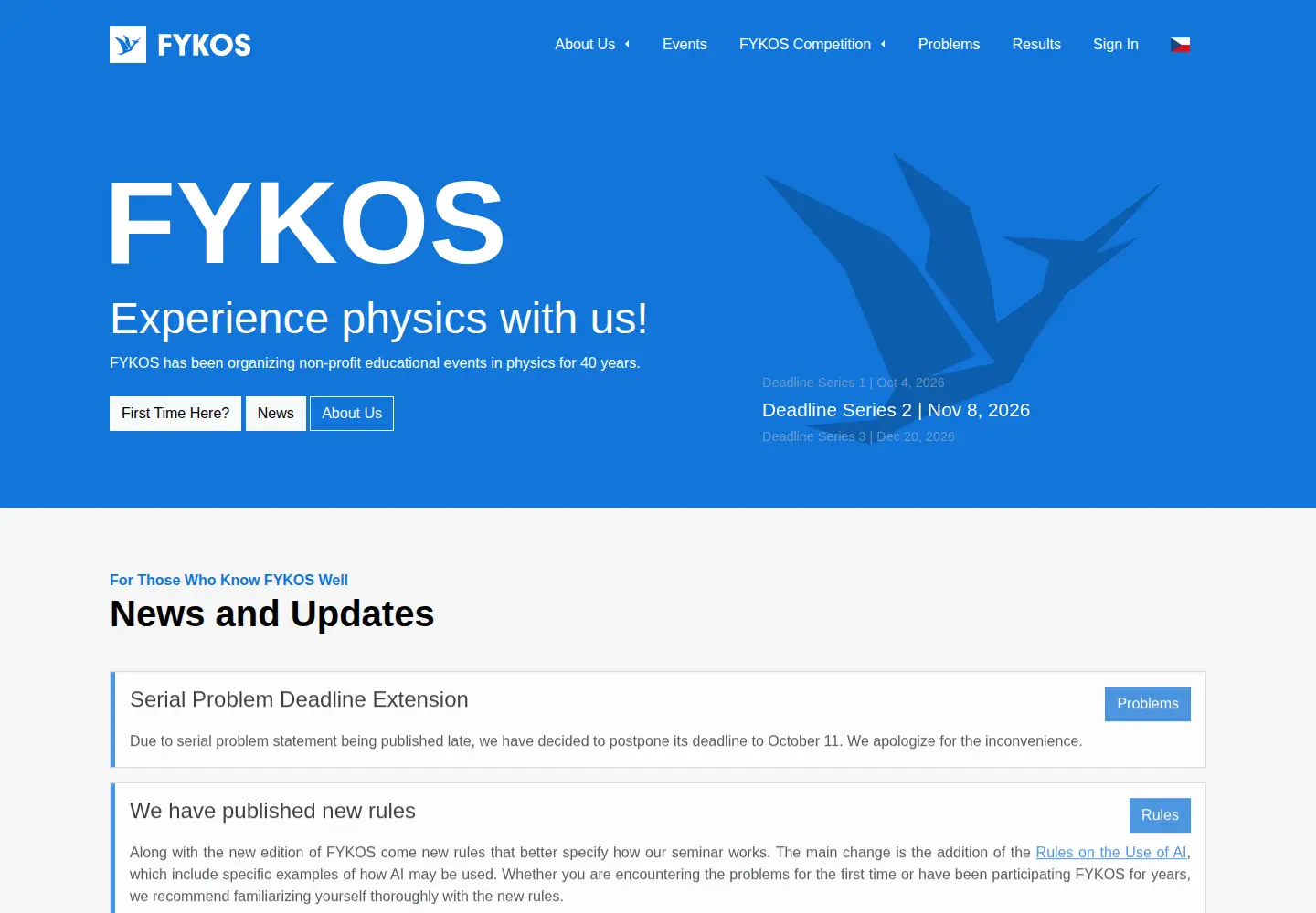 Captured homepage of fykos.org in the current scan