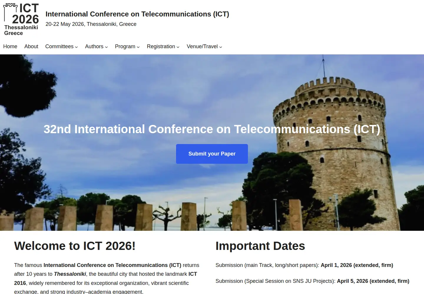 Captured homepage of ict2026thessaloniki.org in the current scan
