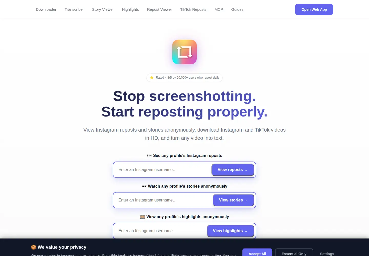 Captured homepage of repostpro.app in the current scan
