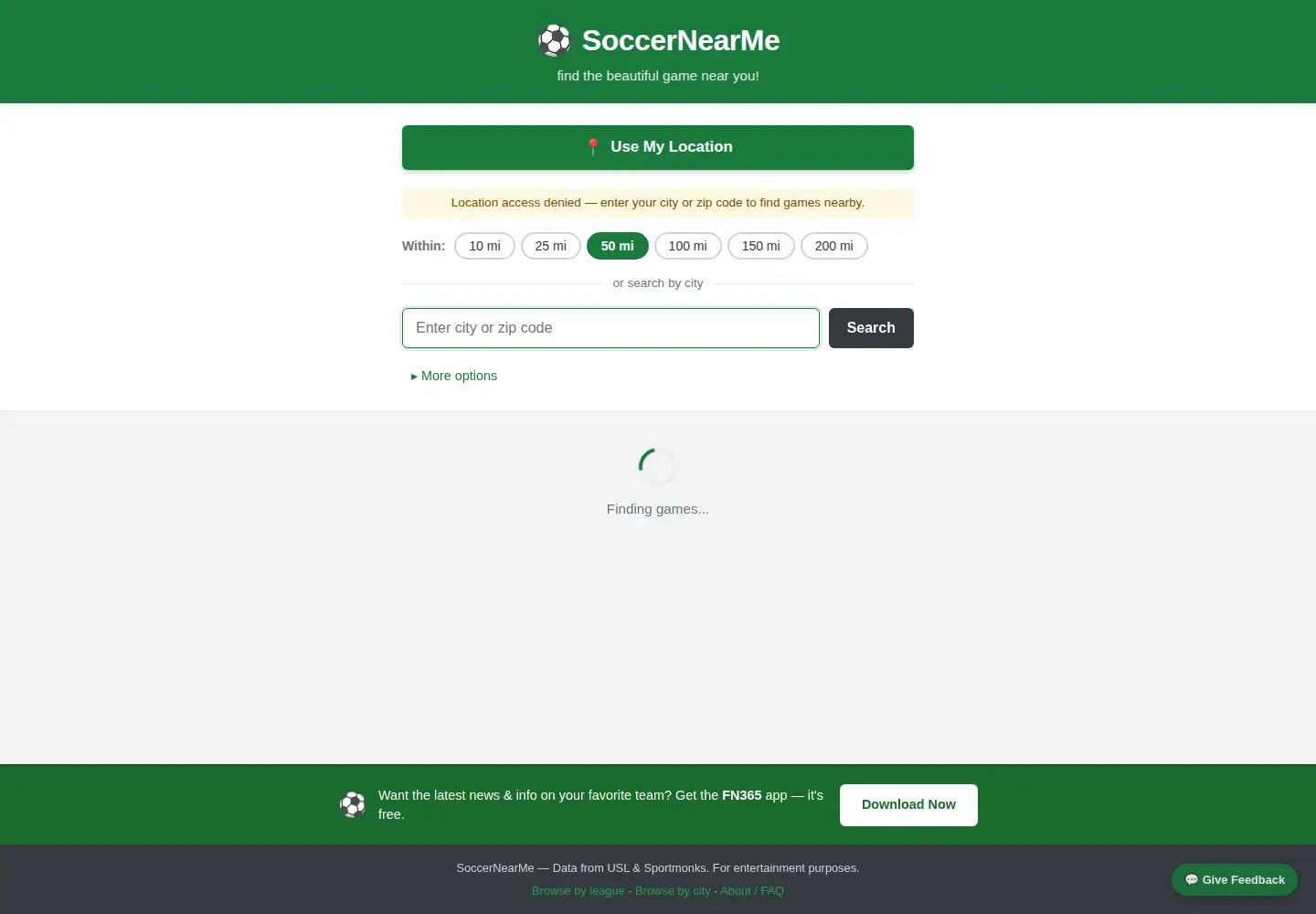 Screenshot of soccernearme.app
