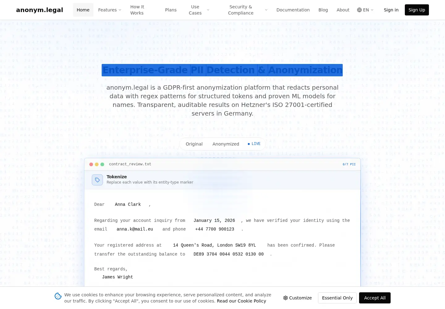 Captured homepage of cloak.business in the current scan
