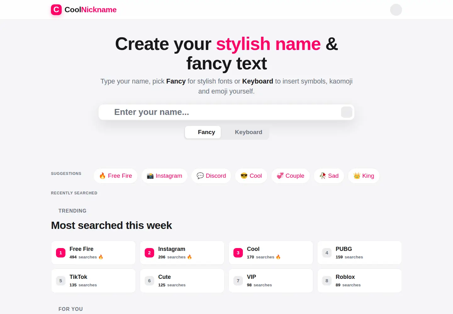 Screenshot of coolnickname.com