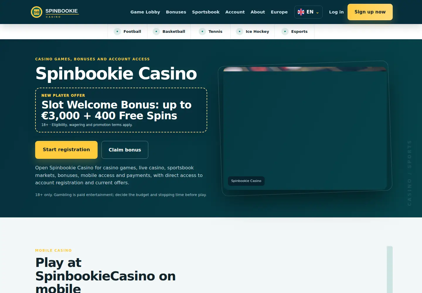 Screenshot of spinbookiecasino.eu