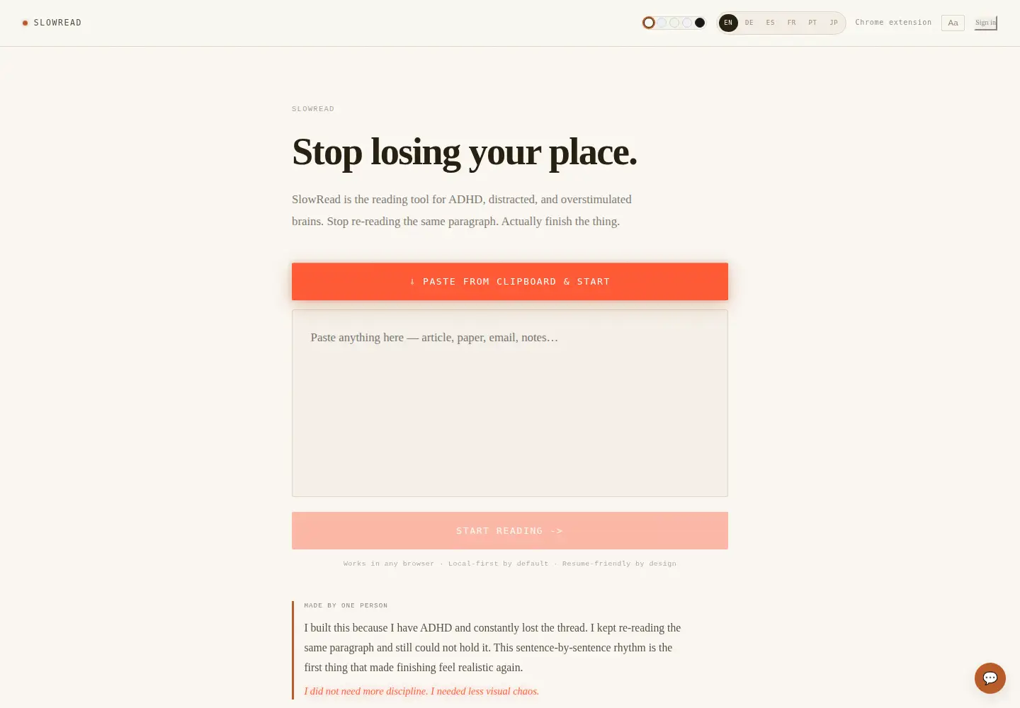 Captured homepage of slowread.app in the current scan