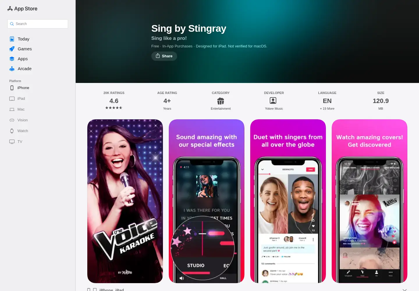 Captured homepage of thevoice.app in the current scan