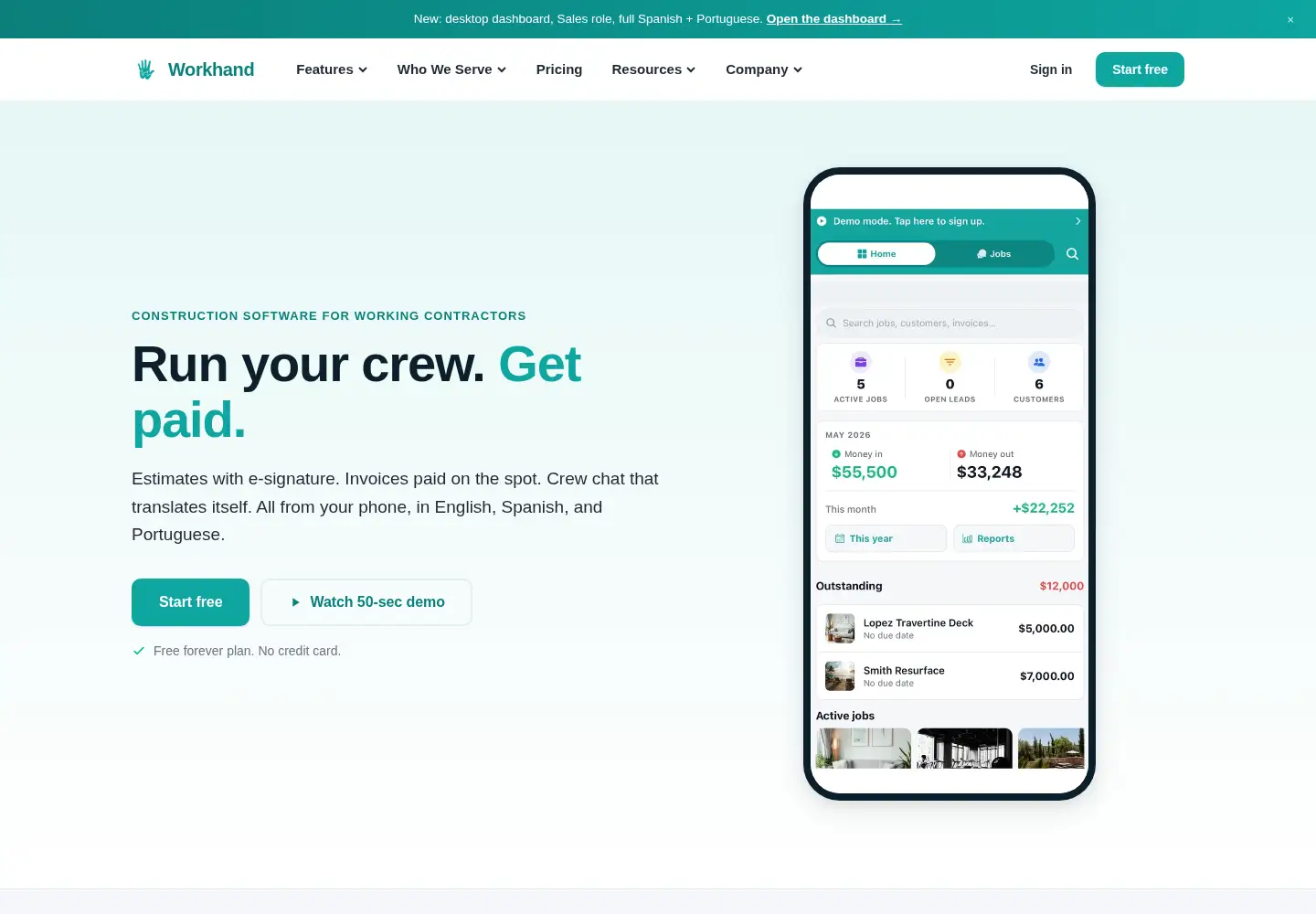 Captured homepage of workhand.app in the current scan