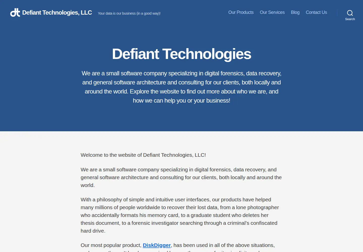 Captured homepage of defianttech.com in the current scan