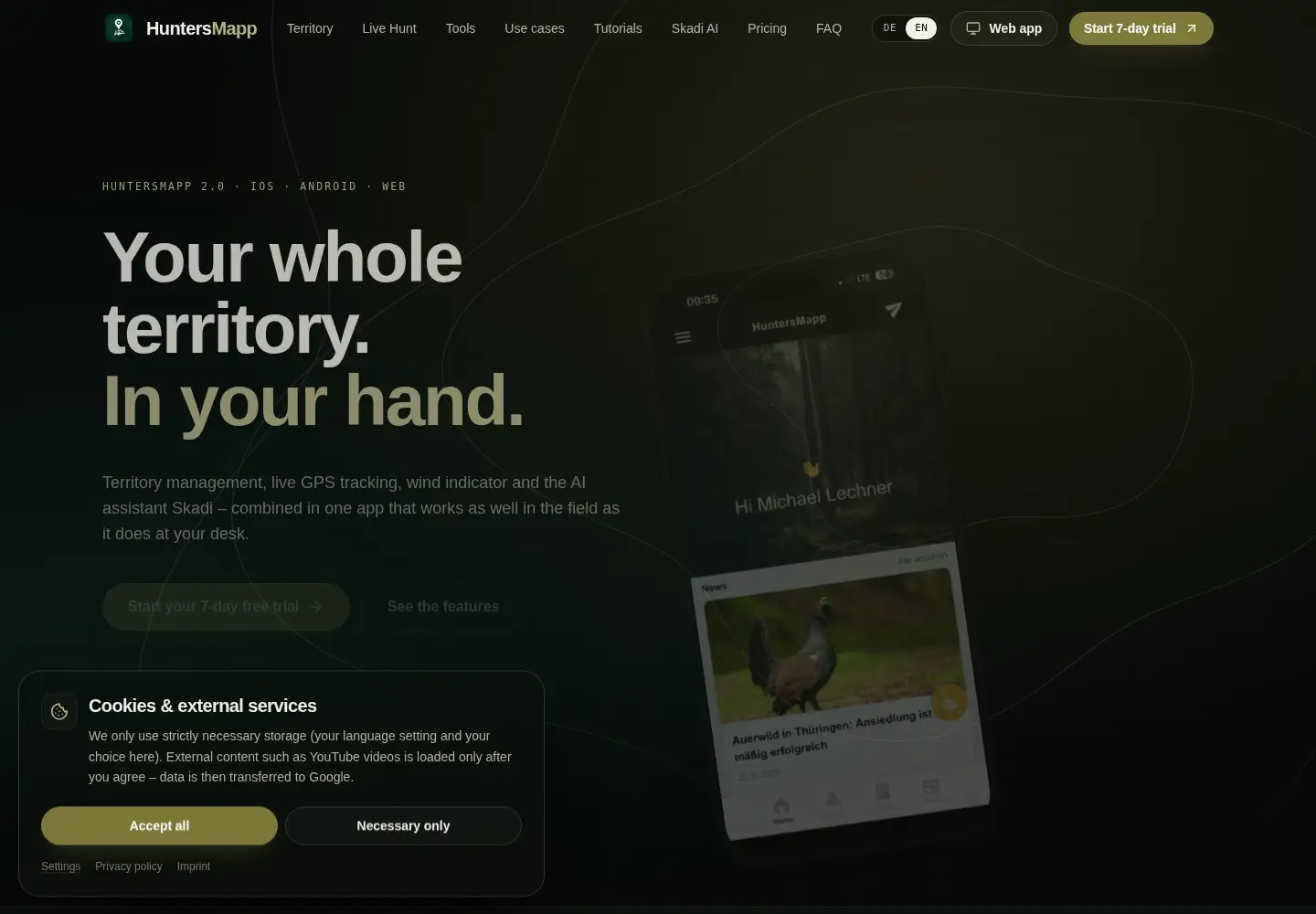 Captured homepage of huntersmapp.com in the current scan