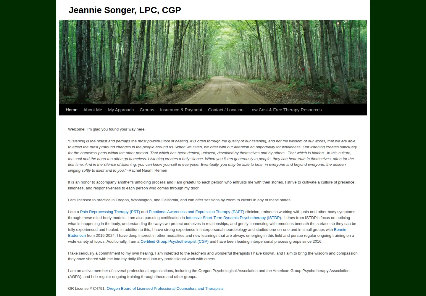 Captured homepage of jeanniesonger.com in the current scan