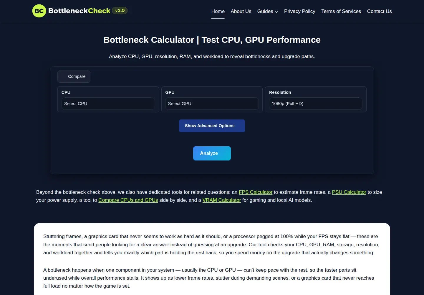 Screenshot of pcbottleneckcheck.com