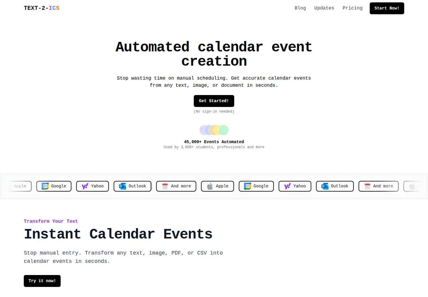 Captured homepage of text-2-ics.com in the current scan