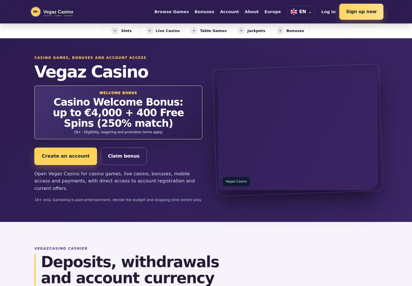 Screenshot of vegazcasino.eu