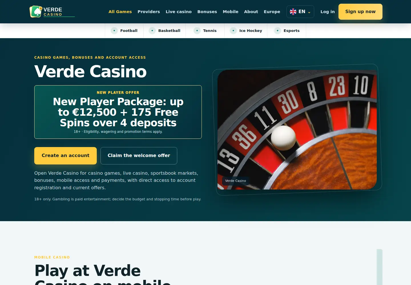 Screenshot of verdeonlinecasino.eu