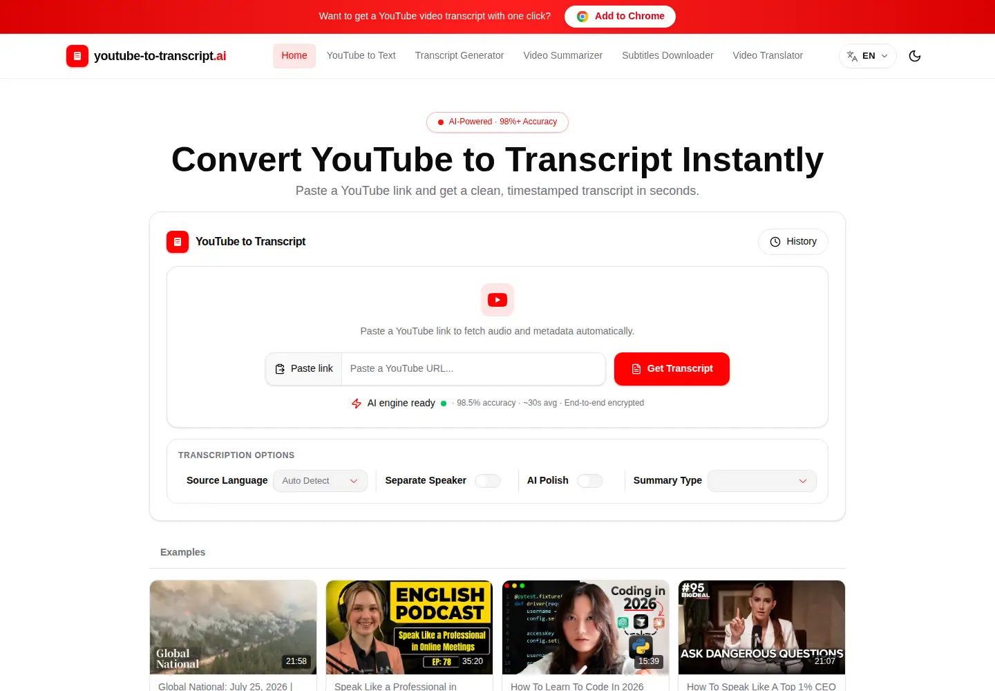 Captured homepage of youtube-to-transcript.ai in the current scan