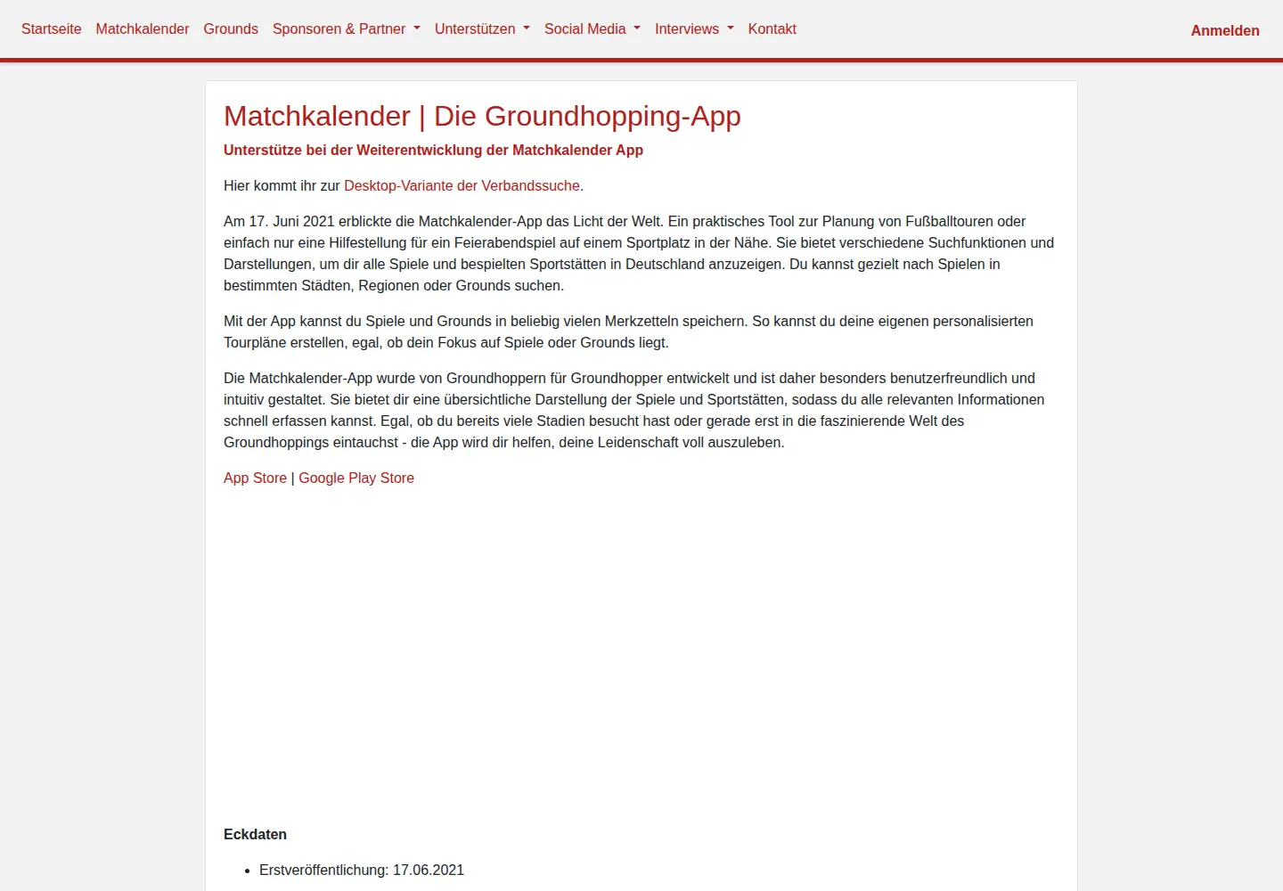 Captured homepage of matchkalender.app in the current scan