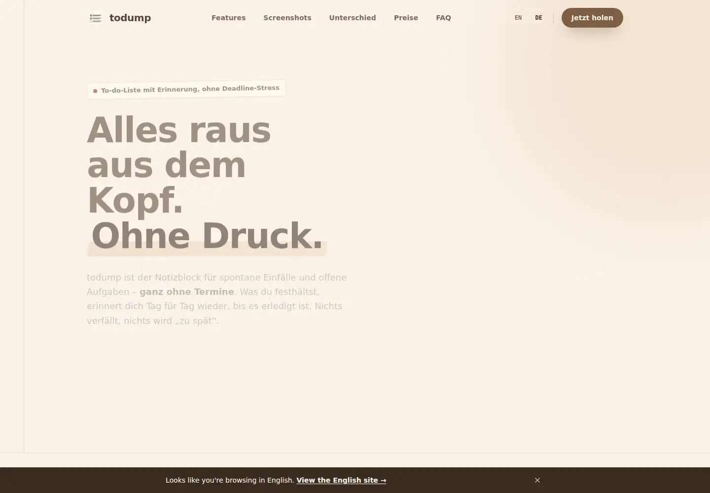 Captured homepage of todump.app in the current scan